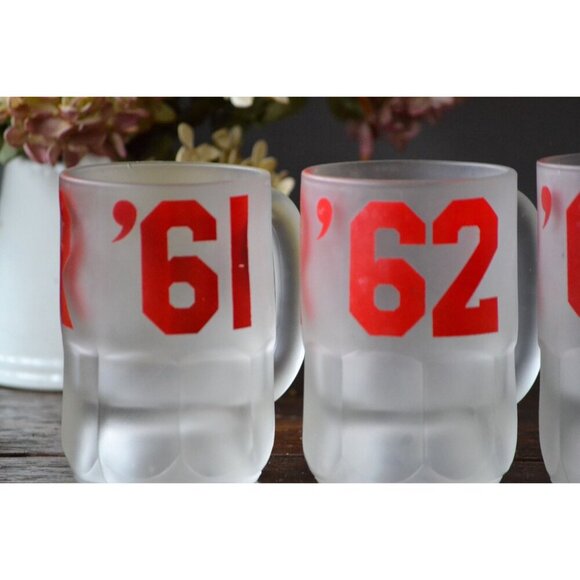Four Hazel Atlas Frosted Glass Beer Mug red Collegiate Letterman Vintage barware - Picture 2 of 7